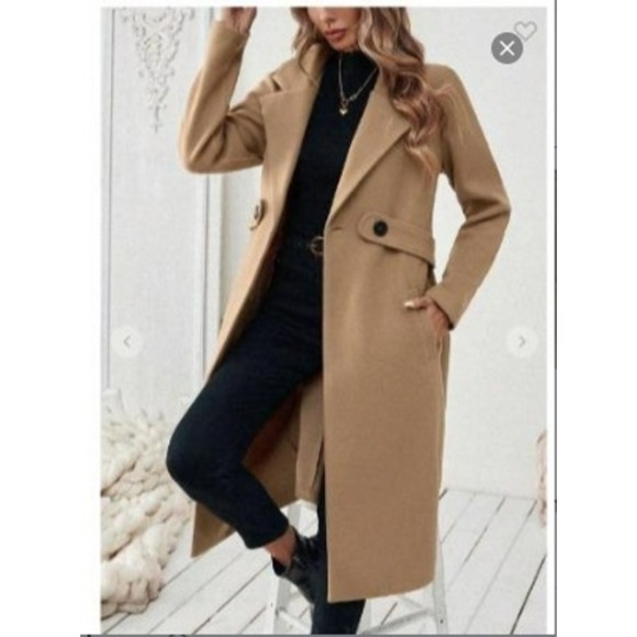 New Camel Longline Belted Coat Womens Size S Tailored Wool Look Elegant Winter - Picture 2 of 7